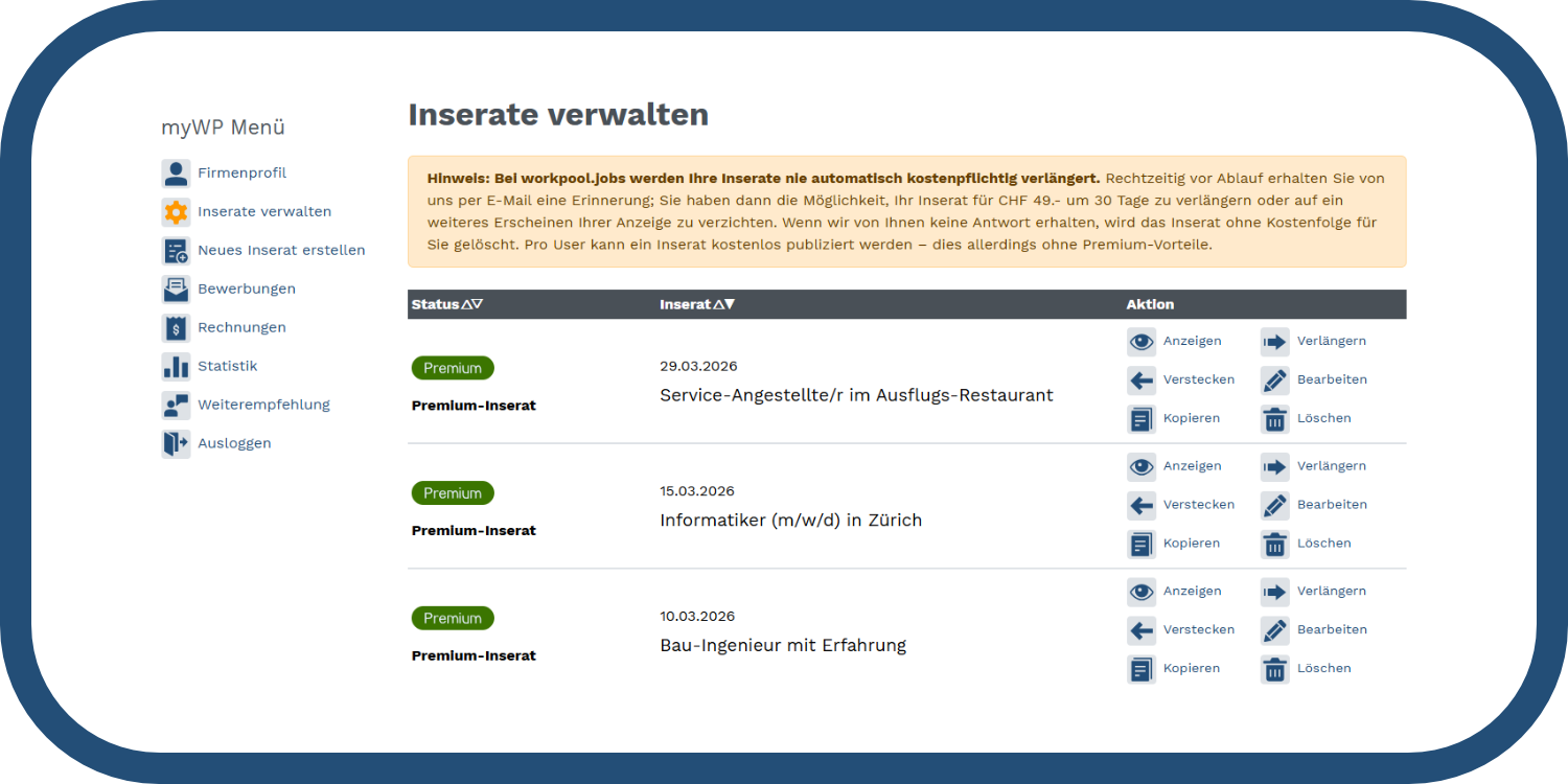 Inserate verwalten bei Workpool